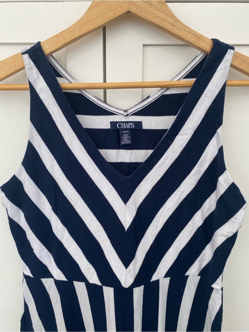Chaps Navy White Chevron V-Neck Nautical Tiered Maxi Dress Size S Coastal Preppy - Picture 2 of 7